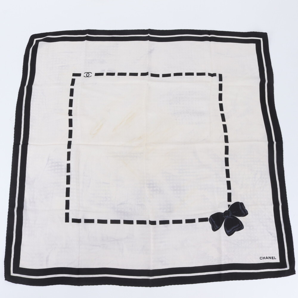 Chanel tagged 100% silk scarf with ribbon and Coco Mark, black white, for women.